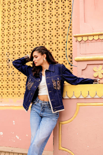 Boho Spirit Jacket: Fusion of Denim and Indian Art