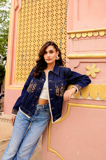 Boho Spirit Jacket: Fusion of Denim and Indian Art