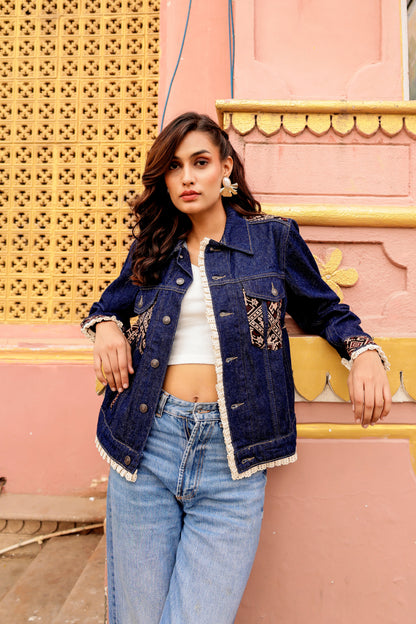 0164-J-HOB-Artisan Embroidered Indigo Denim Jacket - Made in India
