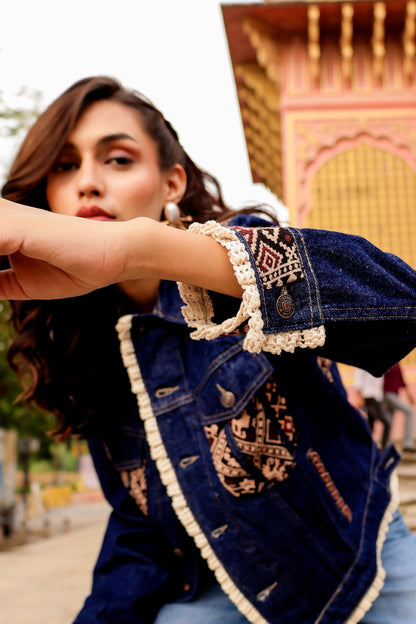 0164-J-HOB-Artisan Embroidered Indigo Denim Jacket - Made in India