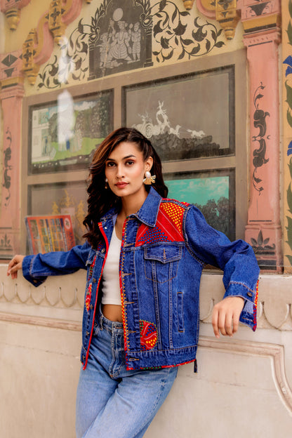 0165-J-HOB-BohoFusion Handcrafted Embroidered Denim Jacket - Made in India