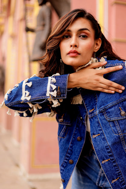 0174-J-HOB Boho-Chic Indian Denim Tassel Jacket - Made in India