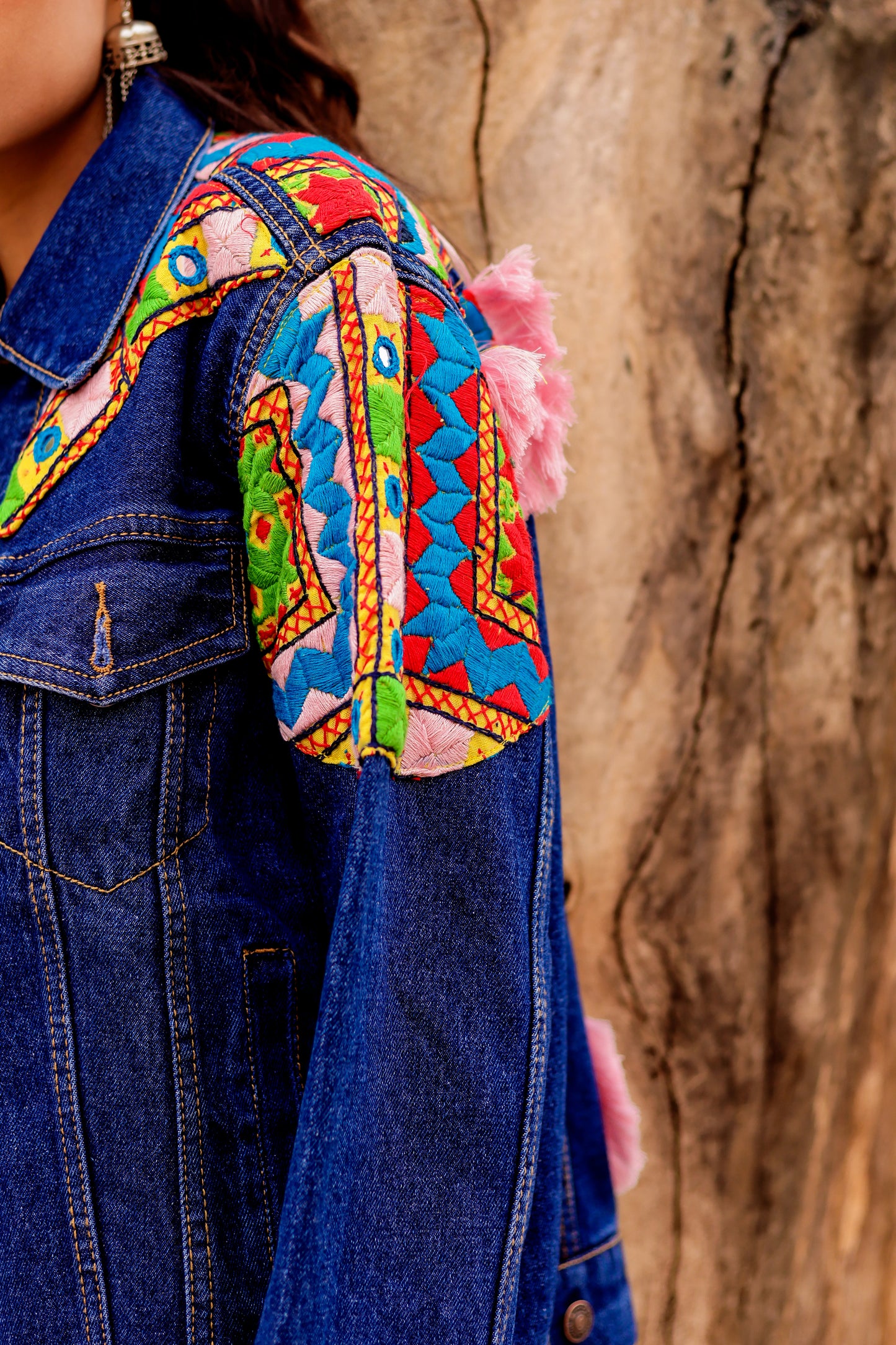 0173-J-HOB Boho-Chic Embroidered Denim Jacket - Made in India