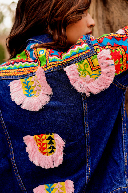 0173-J-HOB Boho-Chic Embroidered Denim Jacket - Made in India