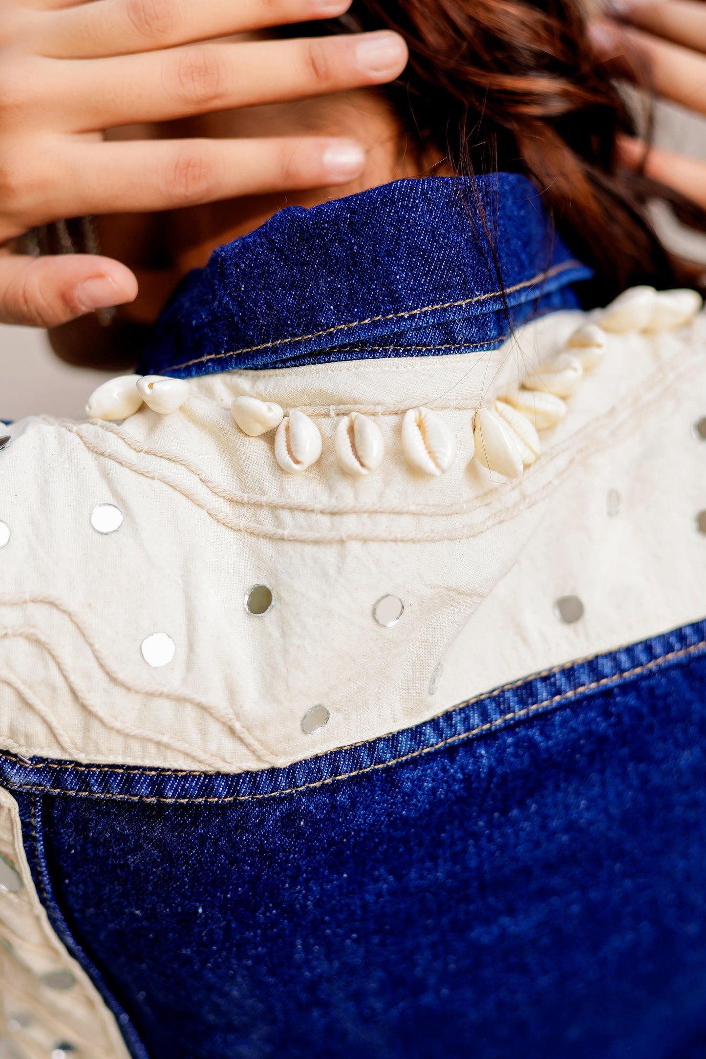 0166-J-HOB Embroidered Denim Fusion Jacket – Indigo Heritage- Made in India