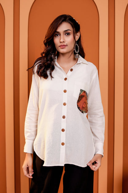0186-S-HOB-Women's Cotton-Linen Blend Button-Down Shirt with Ethnic Patch Pocket - Made in india