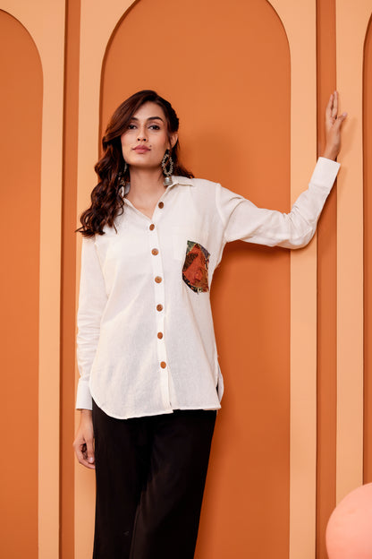 0186-S-HOB-Women's Cotton-Linen Blend Button-Down Shirt with Ethnic Patch Pocket - Made in india