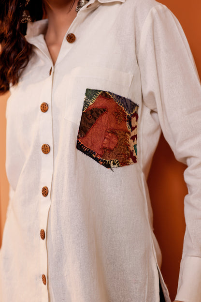 0186-S-HOB-Women's Cotton-Linen Blend Button-Down Shirt with Ethnic Patch Pocket - Made in india