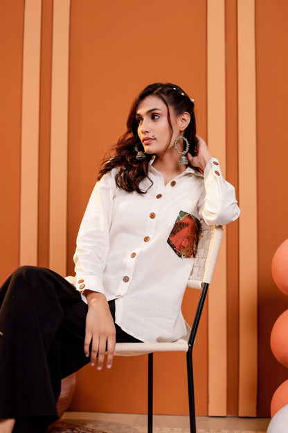 0186-S-HOB-Women's Cotton-Linen Blend Button-Down Shirt with Ethnic Patch Pocket - Made in india