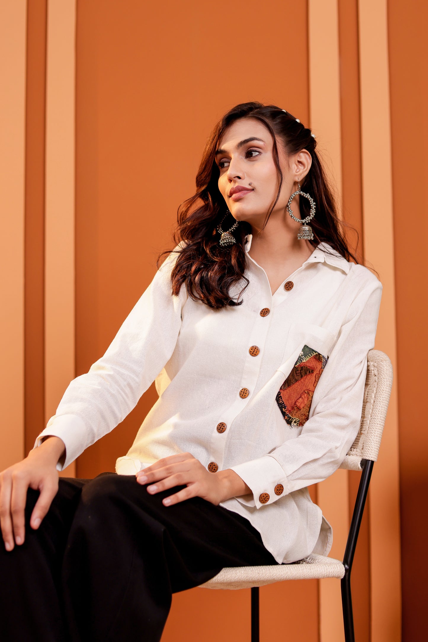 0186-S-HOB-Women's Cotton-Linen Blend Button-Down Shirt with Ethnic Patch Pocket - Made in india