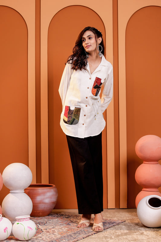 0184-S-HOB-Handcrafted Cotton Fusion Kurti with Patchwork Pockets - Made in india