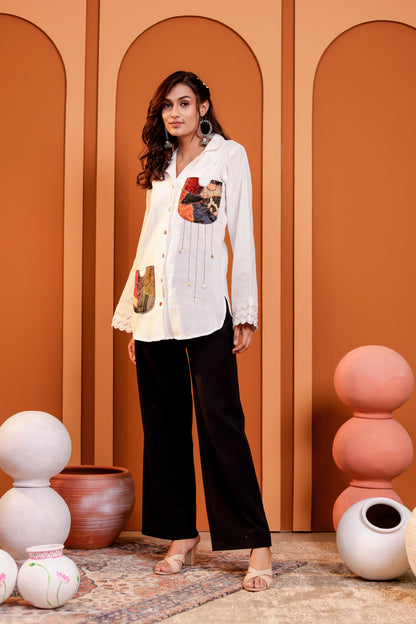 0184-S-HOB-Handcrafted Cotton Fusion Kurti with Patchwork Pockets - Made in india