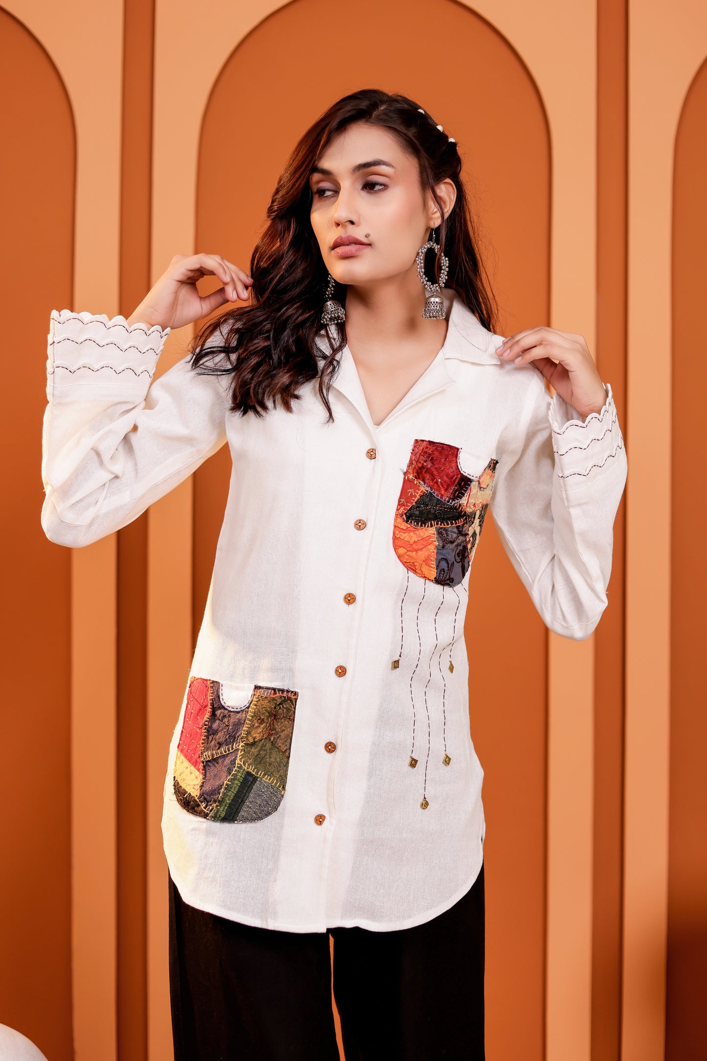 0184-S-HOB-Handcrafted Cotton Fusion Kurti with Patchwork Pockets - Made in india