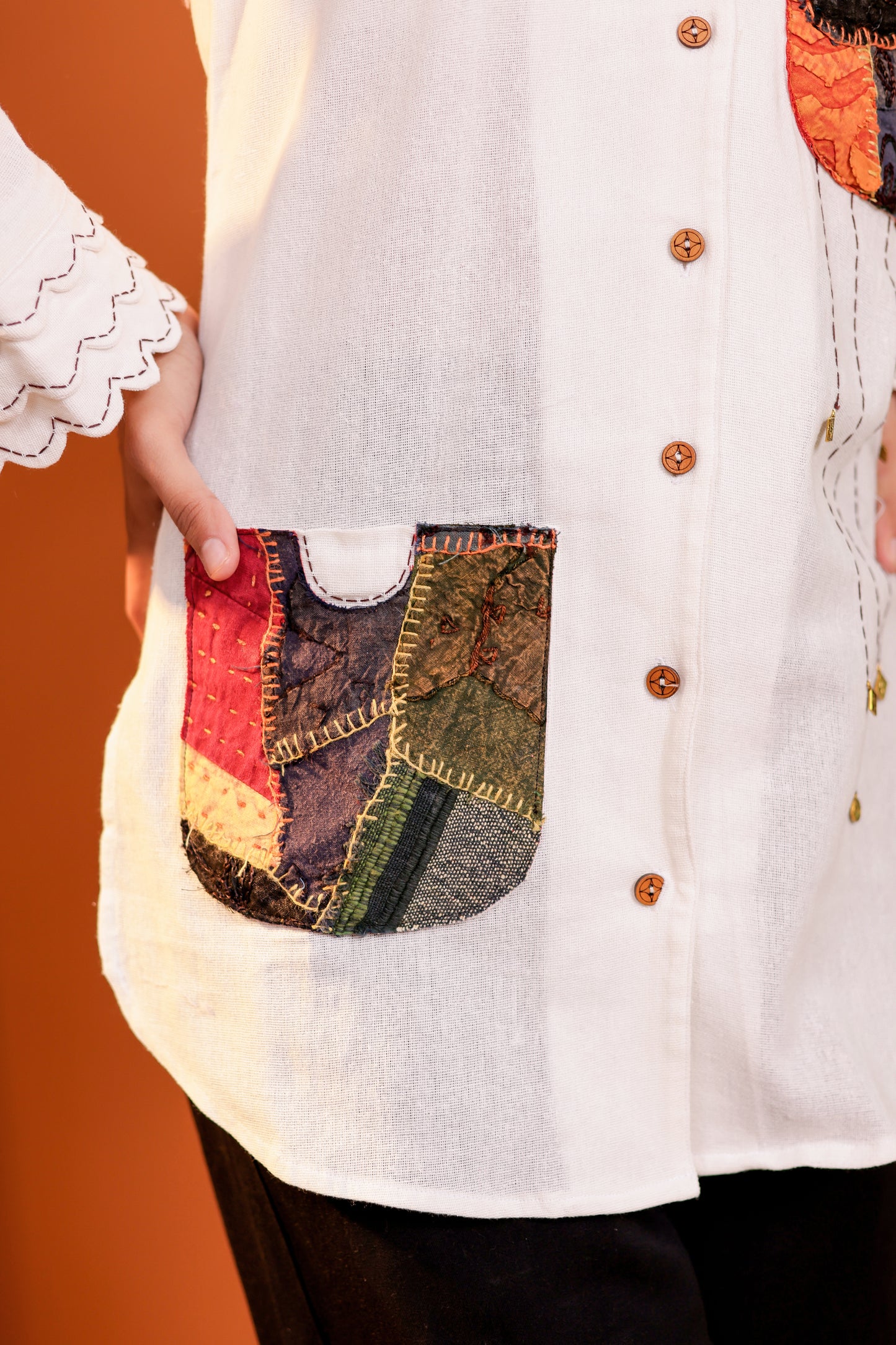 0184-S-HOB-Handcrafted Cotton Fusion Kurti with Patchwork Pockets - Made in india