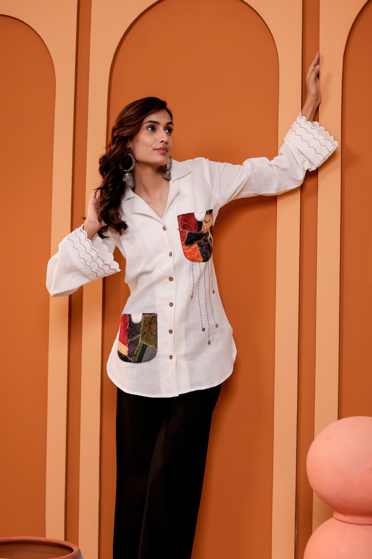 0184-S-HOB-Handcrafted Cotton Fusion Kurti with Patchwork Pockets - Made in india