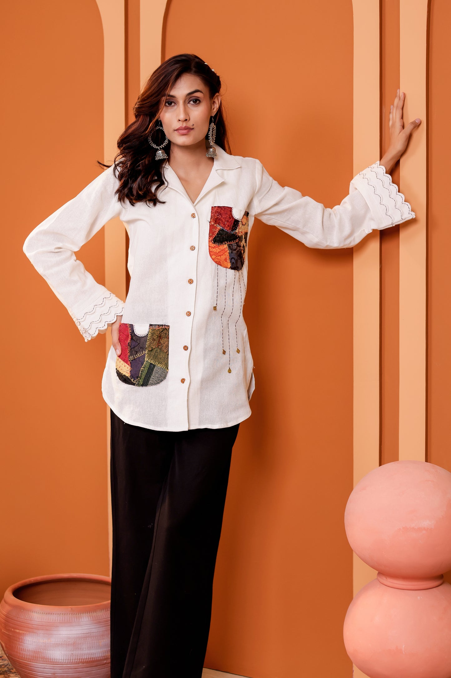 0184-S-HOB-Handcrafted Cotton Fusion Kurti with Patchwork Pockets - Made in india