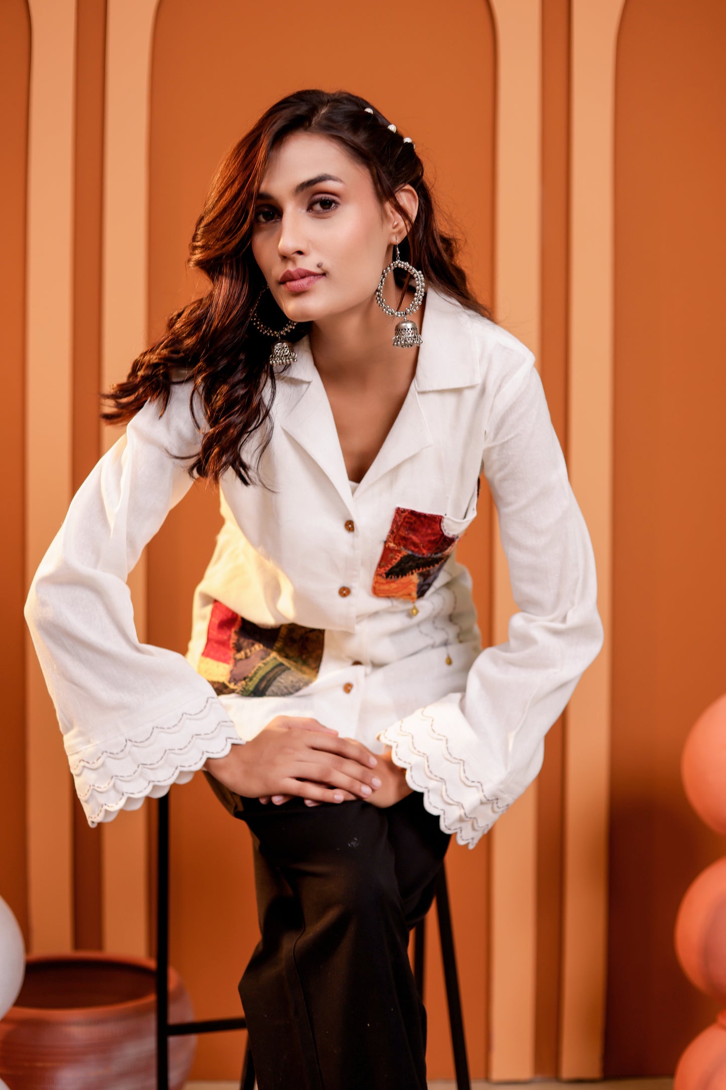 0184-S-HOB-Handcrafted Cotton Fusion Kurti with Patchwork Pockets - Made in india