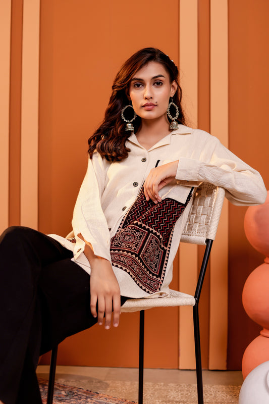 0185-S-HOB-Handcrafted Cotton Khadi Shirt with Traditional Ajrakh-Inspired Embroidery - Made in india