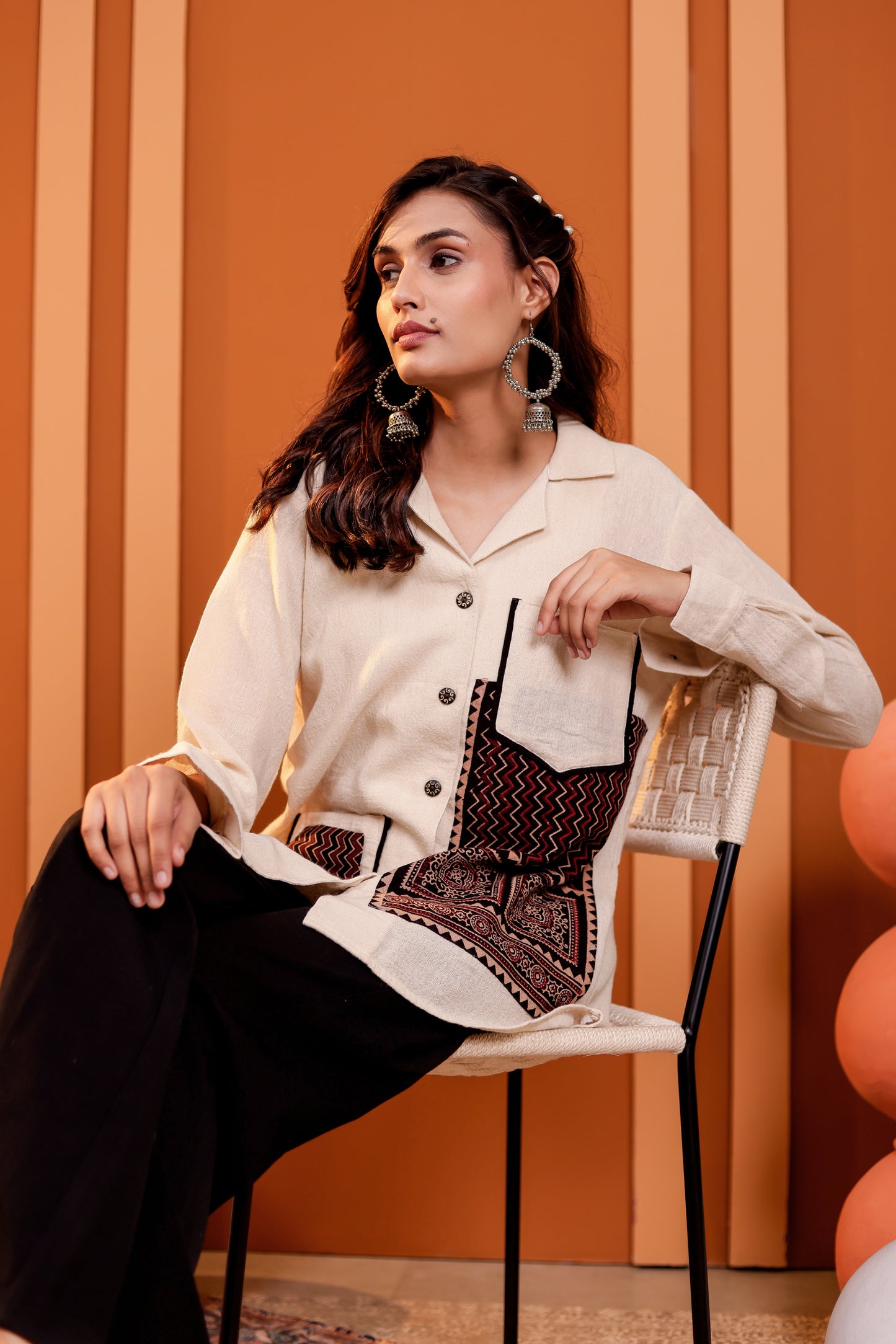 0185-S-HOB-Handcrafted Cotton Khadi Shirt with Traditional Ajrakh-Inspired Embroidery - Made in india