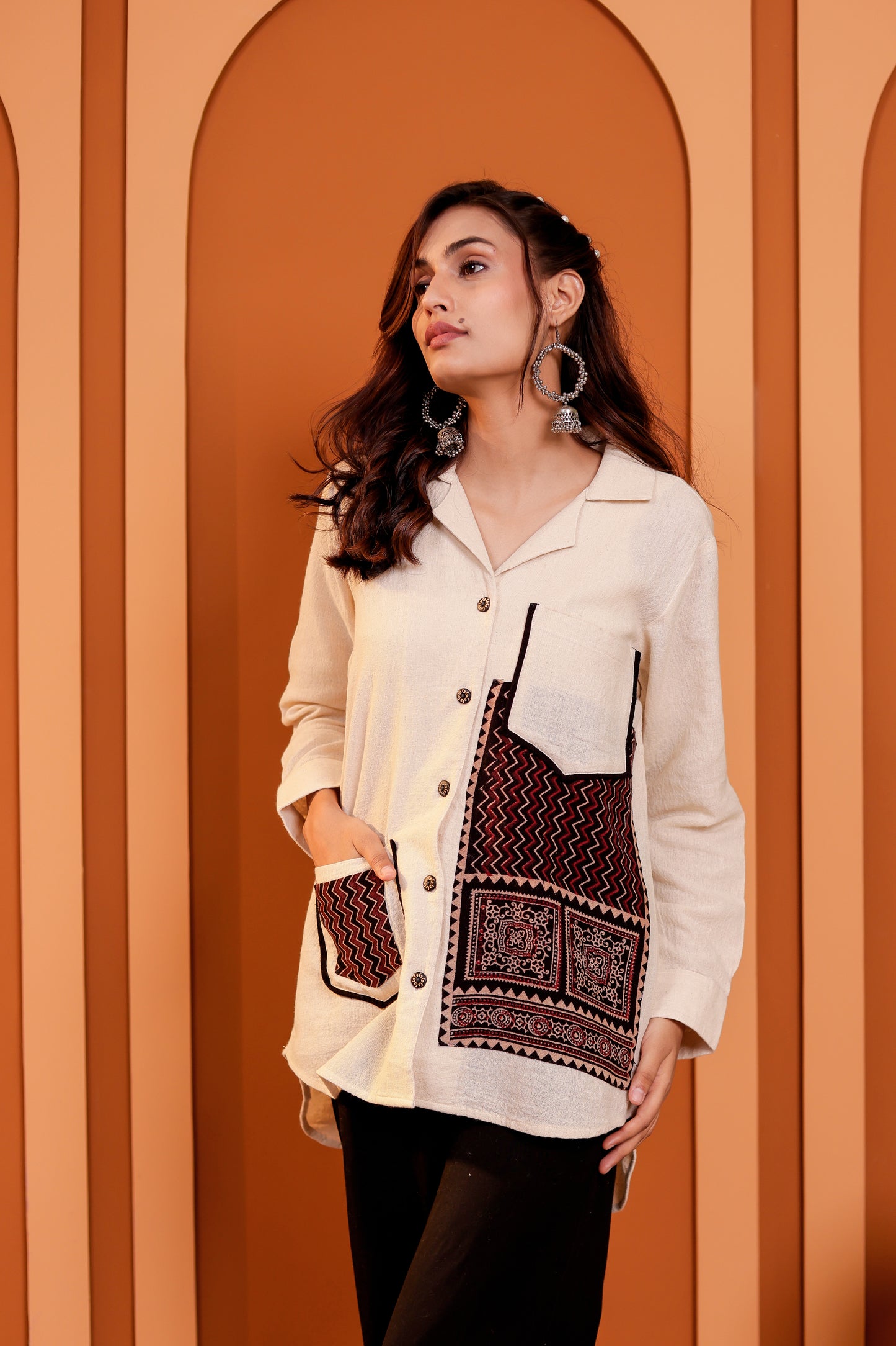 0185-S-HOB-Handcrafted Cotton Khadi Shirt with Traditional Ajrakh-Inspired Embroidery - Made in india