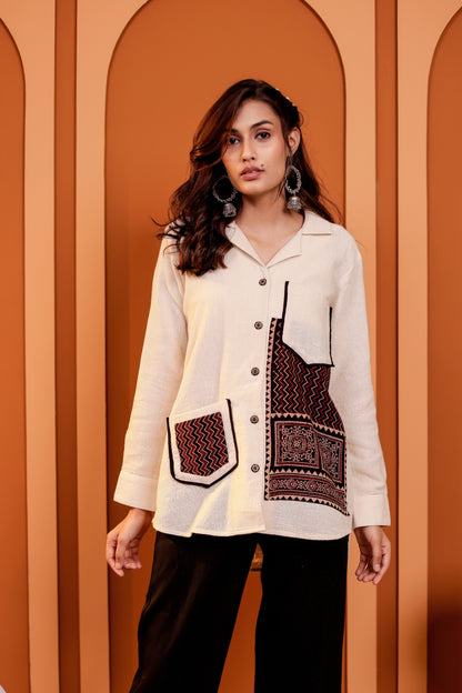 0185-S-HOB-Handcrafted Cotton Khadi Shirt with Traditional Ajrakh-Inspired Embroidery - Made in india