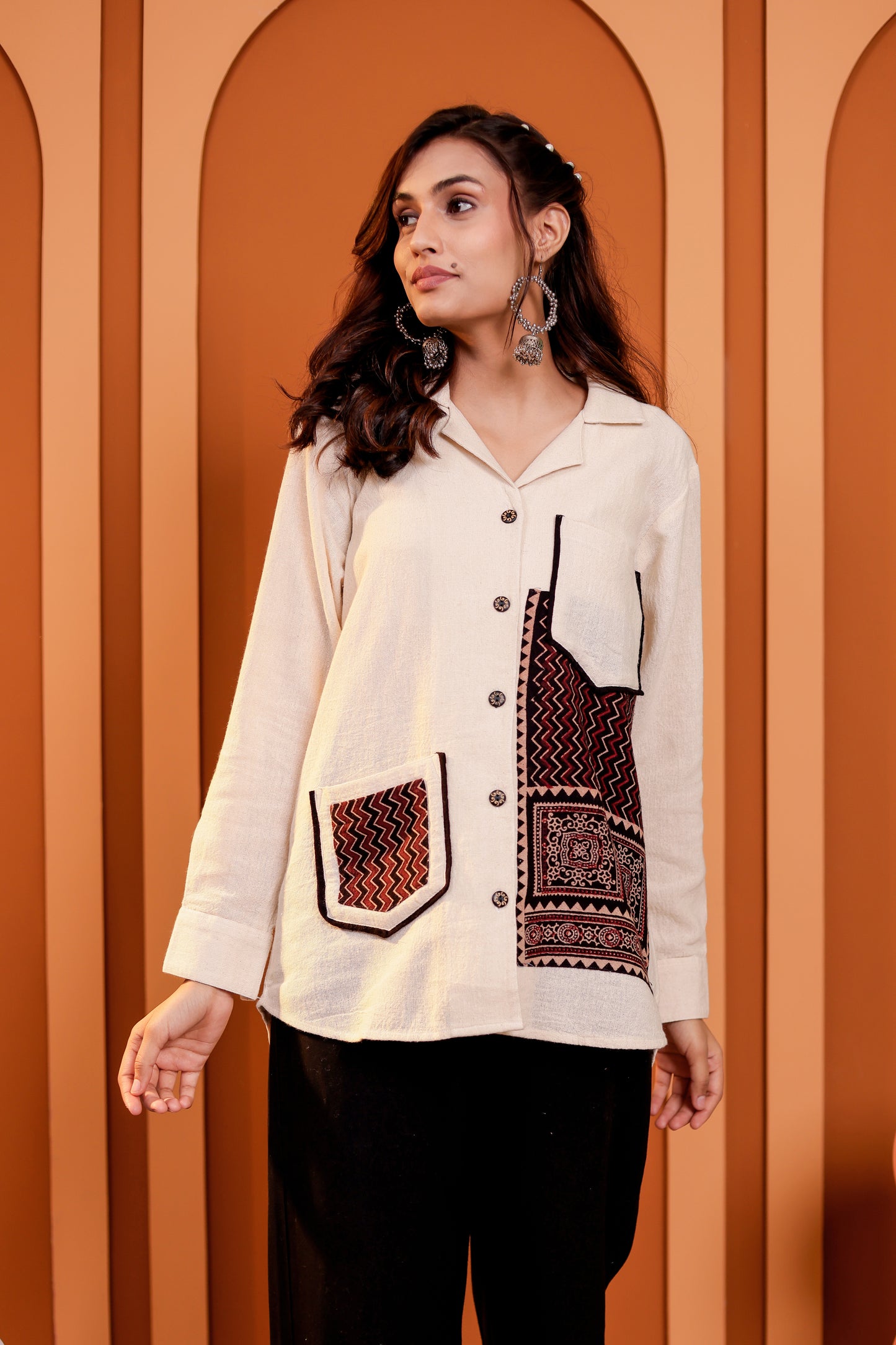 0185-S-HOB-Handcrafted Cotton Khadi Shirt with Traditional Ajrakh-Inspired Embroidery - Made in india