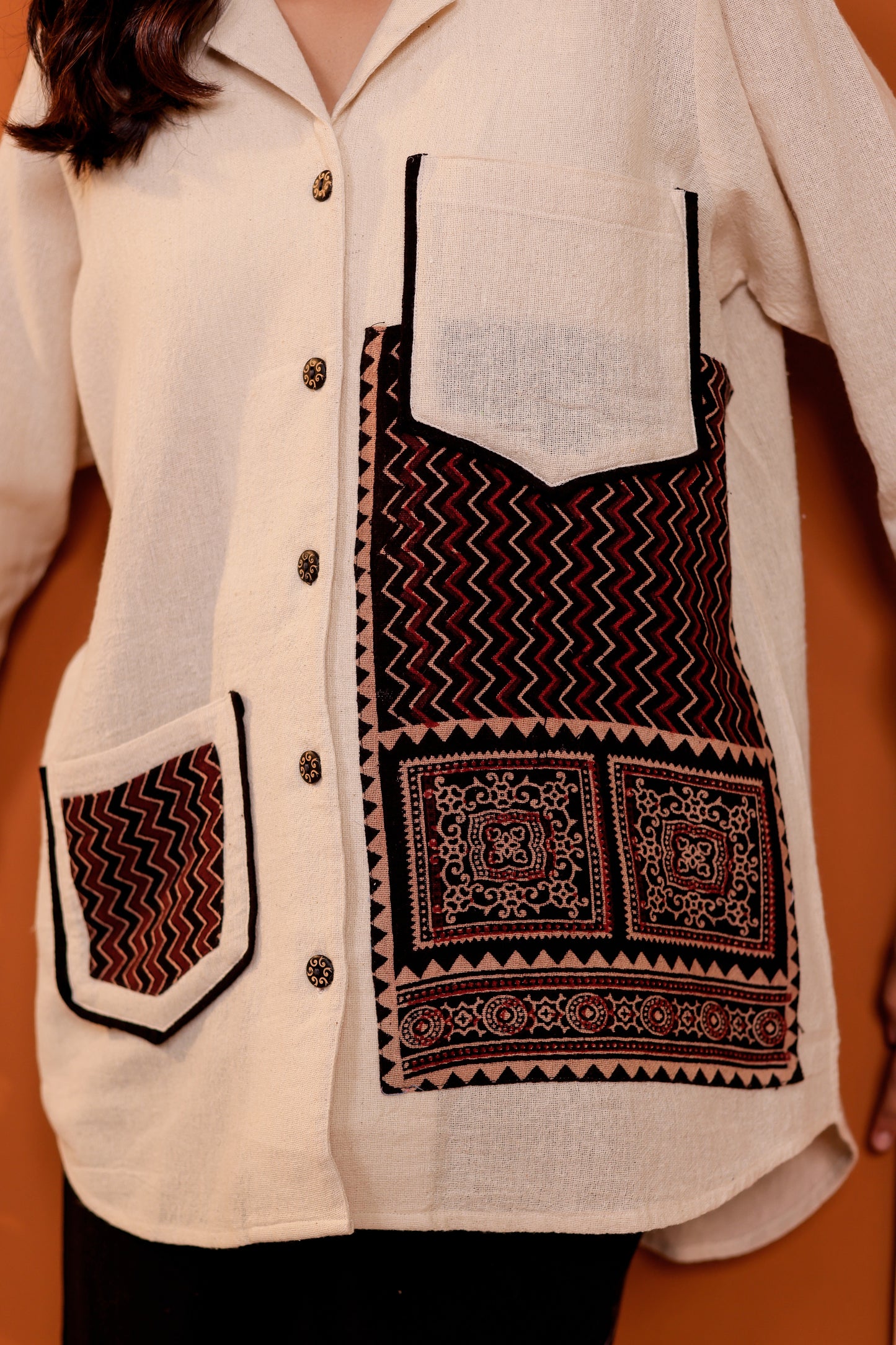 0185-S-HOB-Handcrafted Cotton Khadi Shirt with Traditional Ajrakh-Inspired Embroidery - Made in india