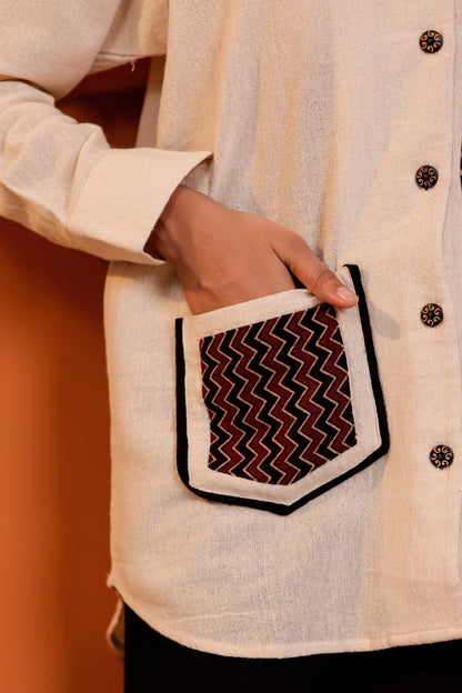 0185-S-HOB-Handcrafted Cotton Khadi Shirt with Traditional Ajrakh-Inspired Embroidery - Made in india