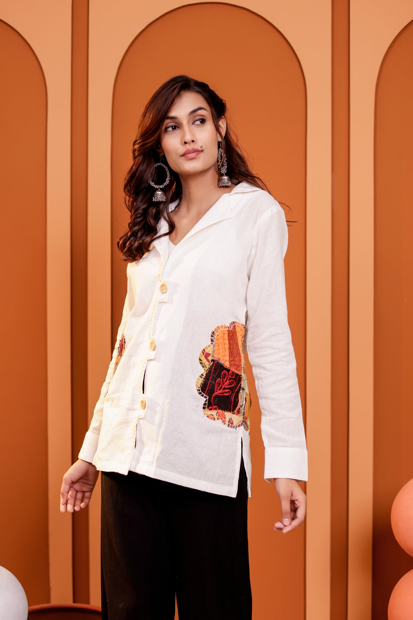 0182-S-HOB Women's Handcrafted Patchwork Cotton Button-Down Kurti Shirt- Made in india