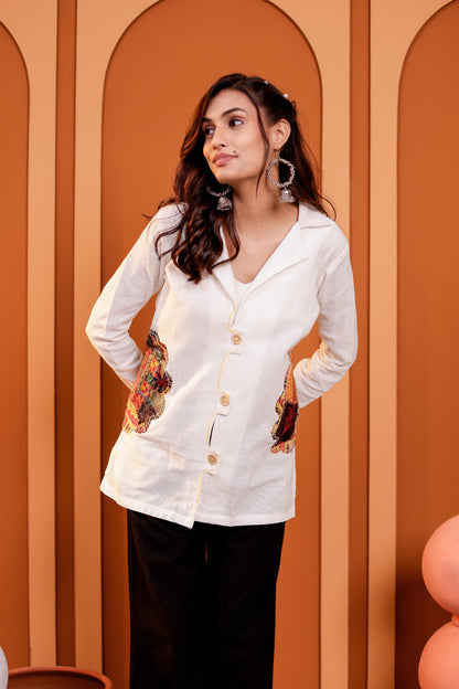 0182-S-HOB Women's Handcrafted Patchwork Cotton Button-Down Kurti Shirt- Made in india