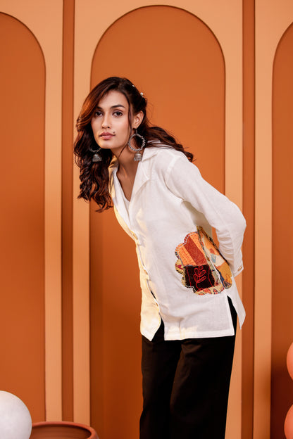 0182-S-HOB Women's Handcrafted Patchwork Cotton Button-Down Kurti Shirt- Made in india