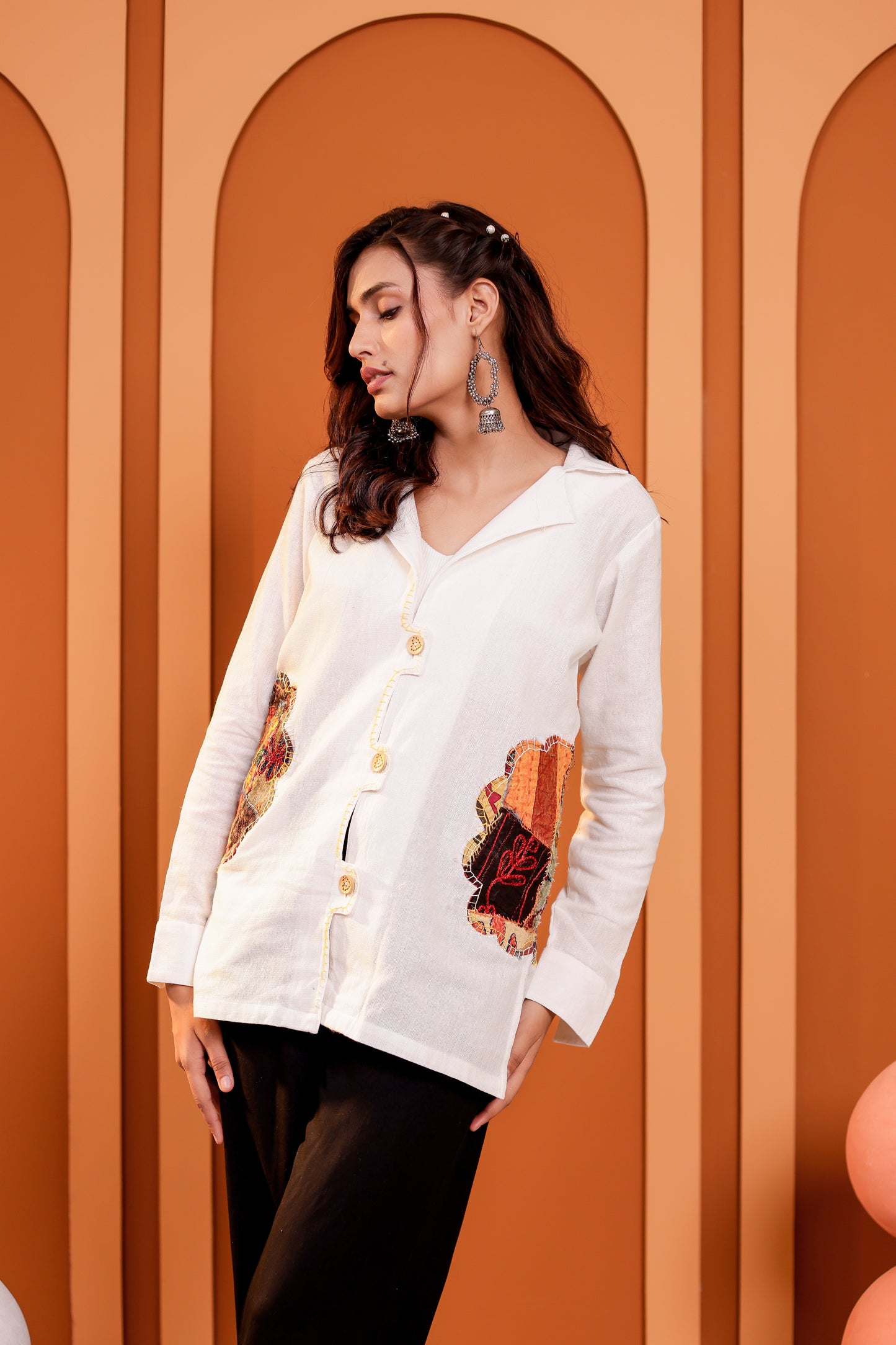 0182-S-HOB Women's Handcrafted Patchwork Cotton Button-Down Kurti Shirt- Made in india