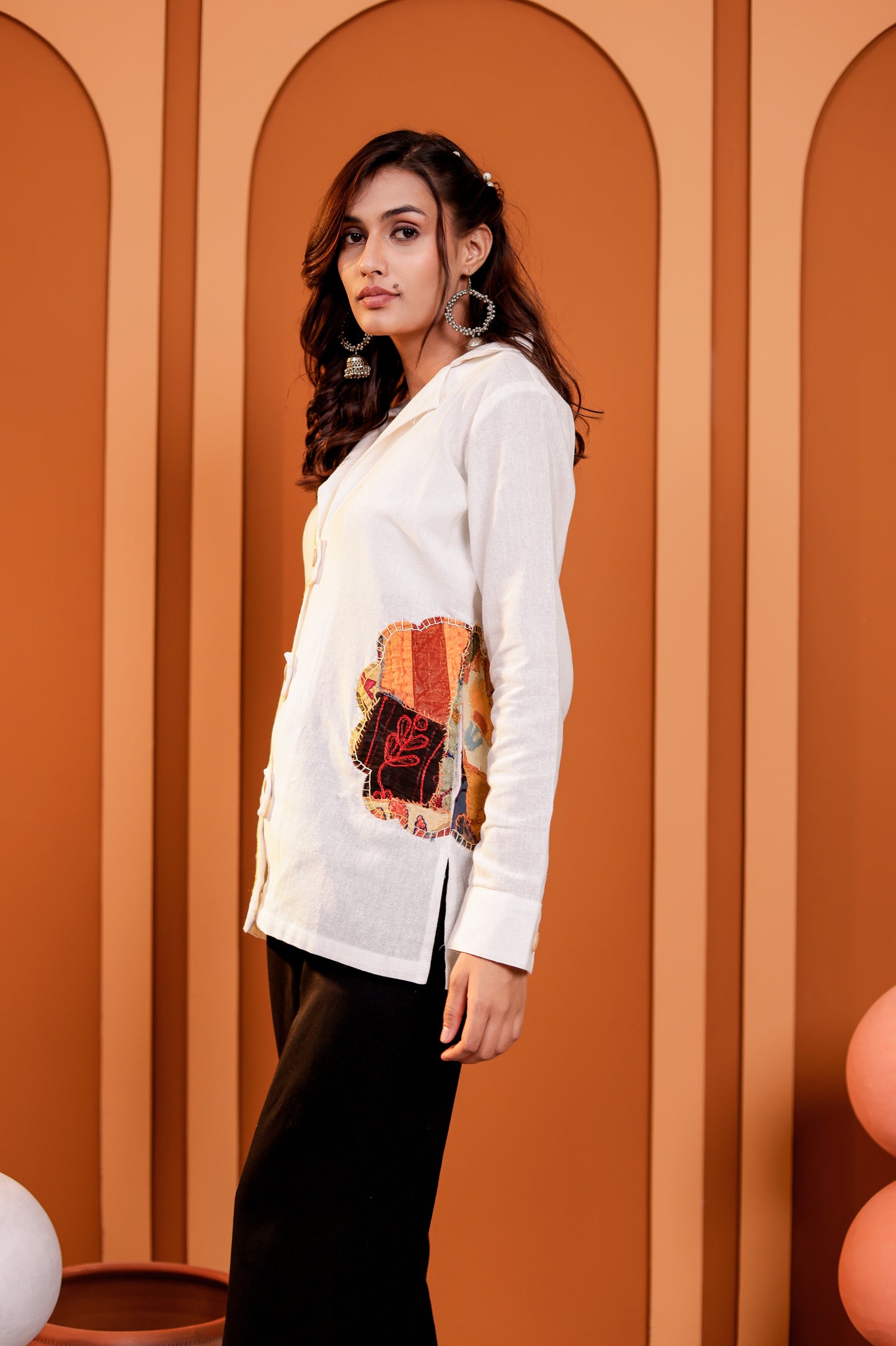 0182-S-HOB Women's Handcrafted Patchwork Cotton Button-Down Kurti Shirt- Made in india