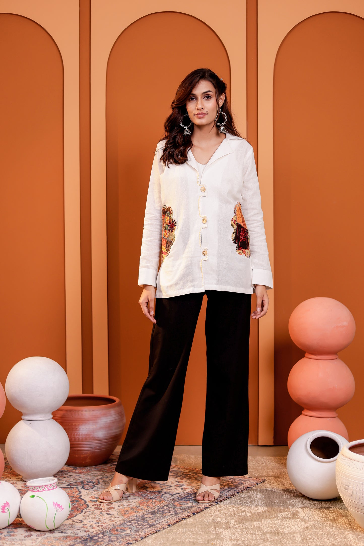 0182-S-HOB Women's Handcrafted Patchwork Cotton Button-Down Kurti Shirt- Made in india