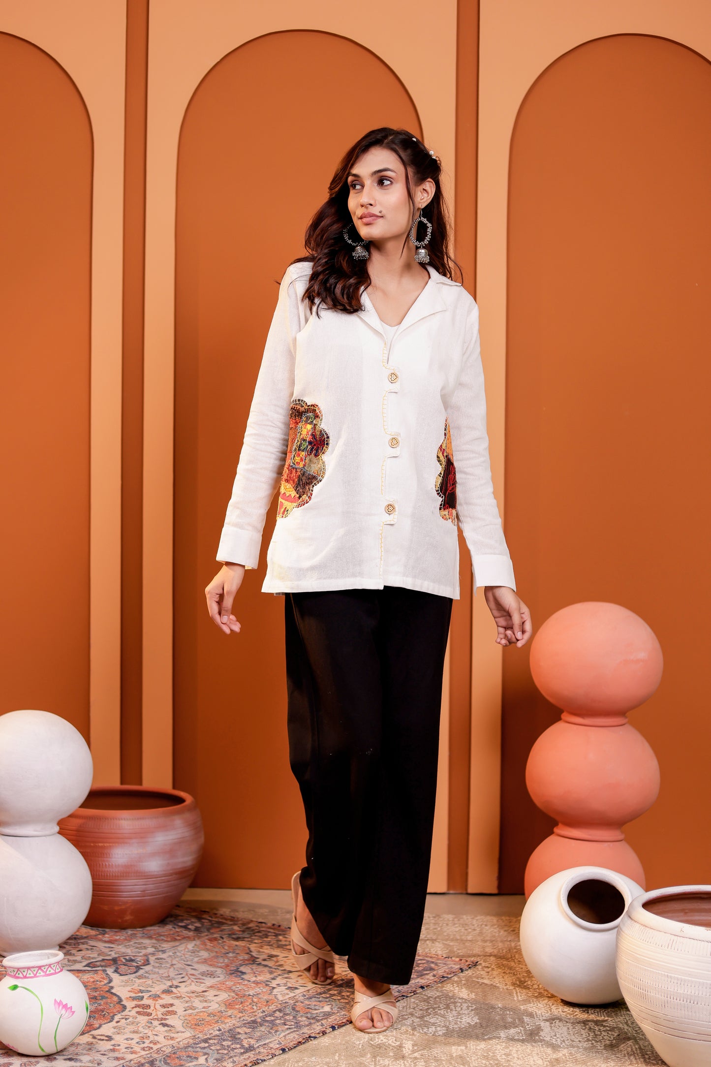 0182-S-HOB Women's Handcrafted Patchwork Cotton Button-Down Kurti Shirt- Made in india