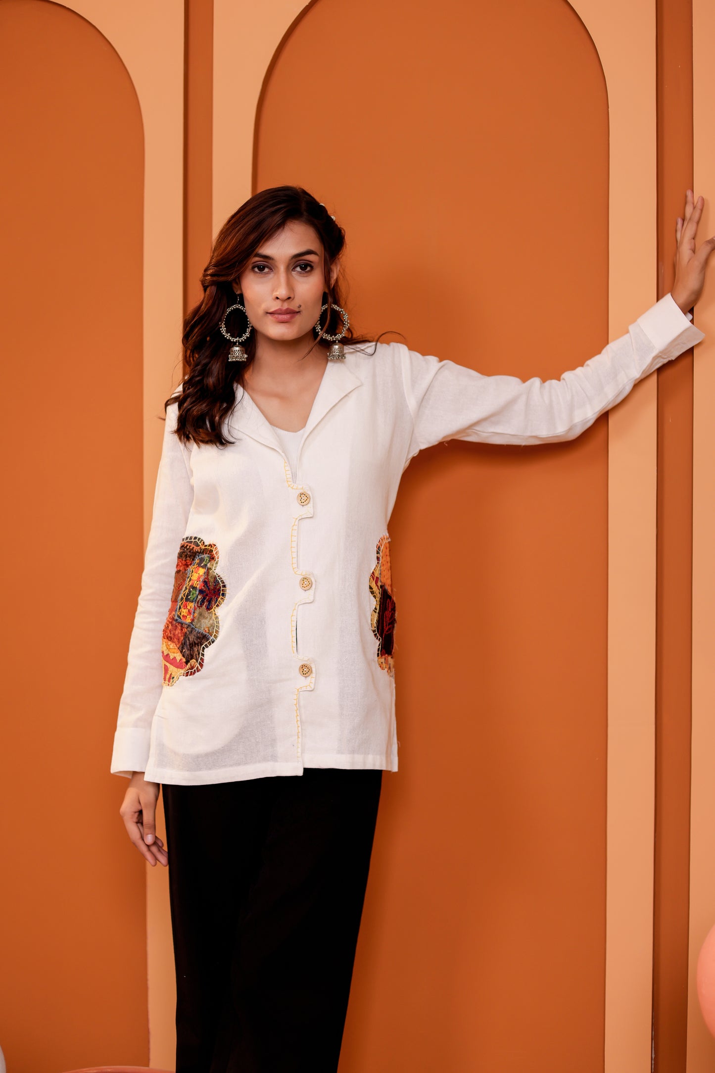 0182-S-HOB Women's Handcrafted Patchwork Cotton Button-Down Kurti Shirt- Made in india