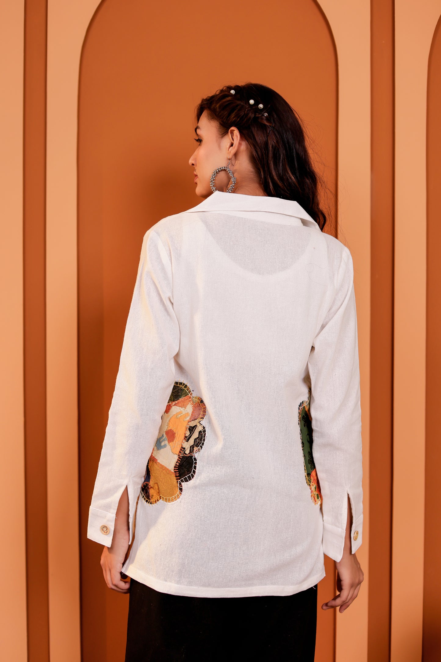 0182-S-HOB Women's Handcrafted Patchwork Cotton Button-Down Kurti Shirt- Made in india