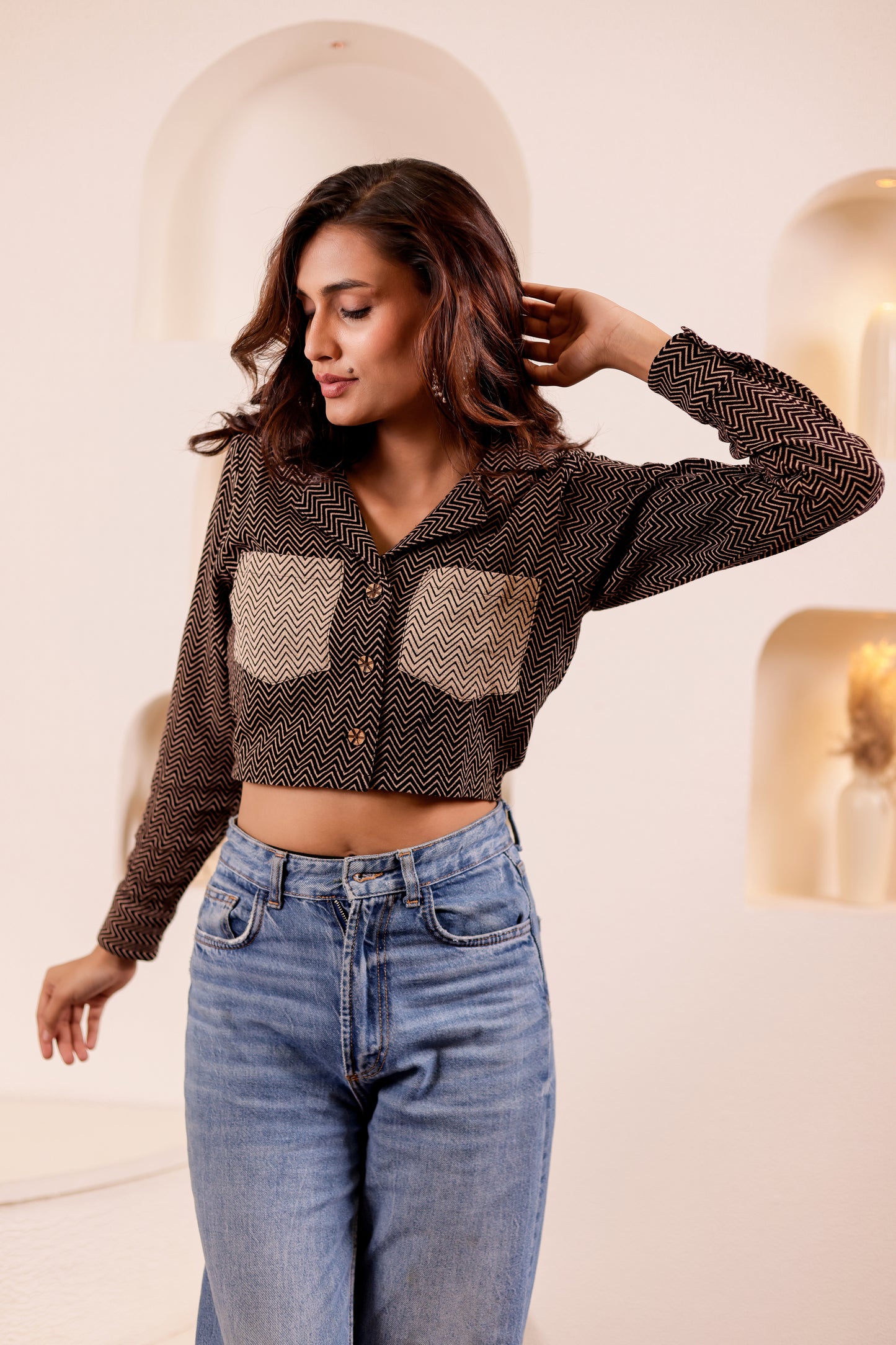 0178-S-HOB Women's Zigzag Print Crop Shirt - Made in India