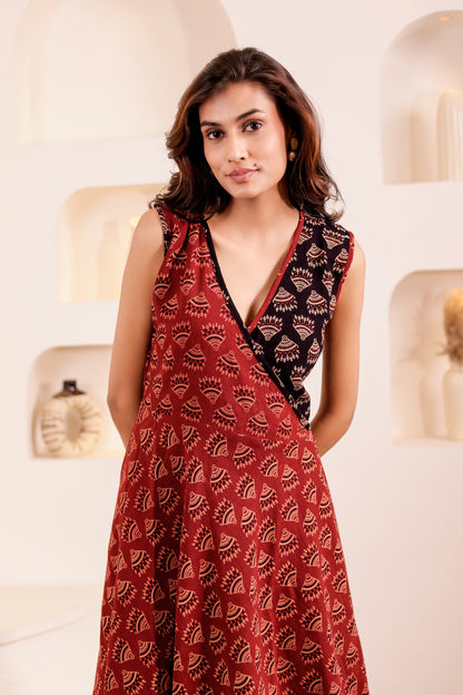 0187-D-HOB-Boho Breeze Cotton Wrap Dress – Dual Tone Handblock Print - Made in india