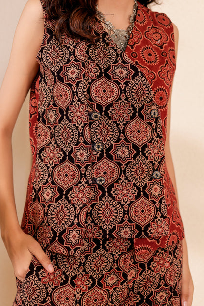 0188-C-HOB-Handcrafted Ajrakh Print Sleeveless Cotton Top - Made in india