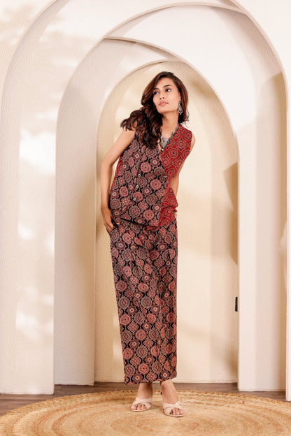 0188-C-HOB-Handcrafted Ajrakh Print Sleeveless Cotton Top - Made in india