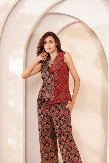 0188-C-HOB-Handcrafted Ajrakh Print Sleeveless Cotton Top - Made in india