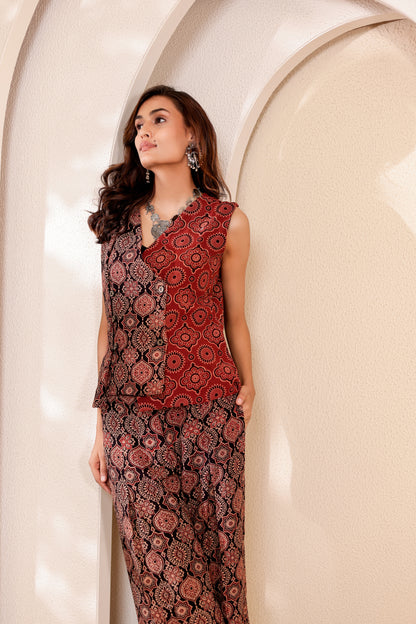 0188-C-HOB-Handcrafted Ajrakh Print Sleeveless Cotton Top - Made in india