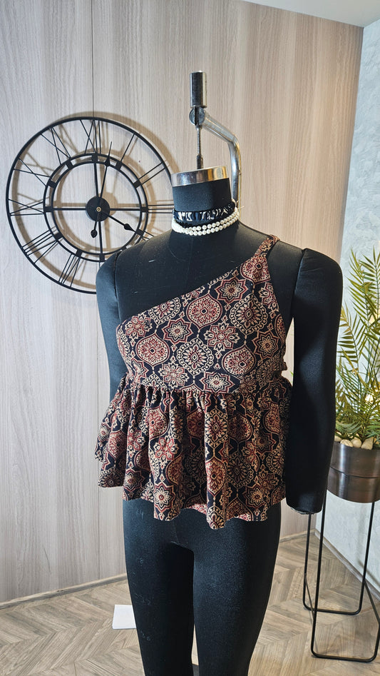 06-T-HOB Women’s One-Shoulder Boho Print Cotton Top – Made in India