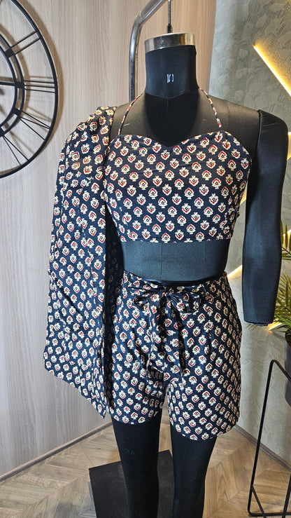 022-C-HOB Women's Printed Cotton Co-ord Set – 3 Piece (Top, Shorts, and Shrug) – Made in India