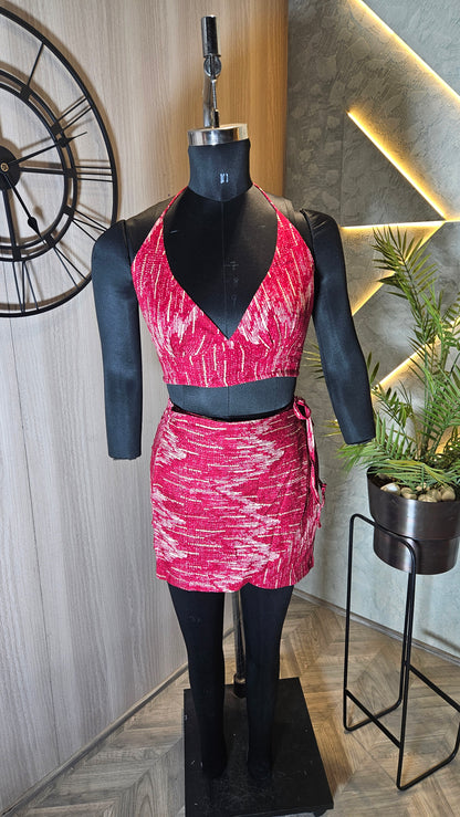 024-C-HOB Women's Handcrafted Red Ikat Print Halter Crop Top – Made in India