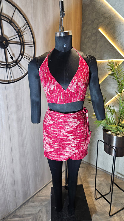 024-C-HOB Women's Handcrafted Red Ikat Print Halter Crop Top – Made in India