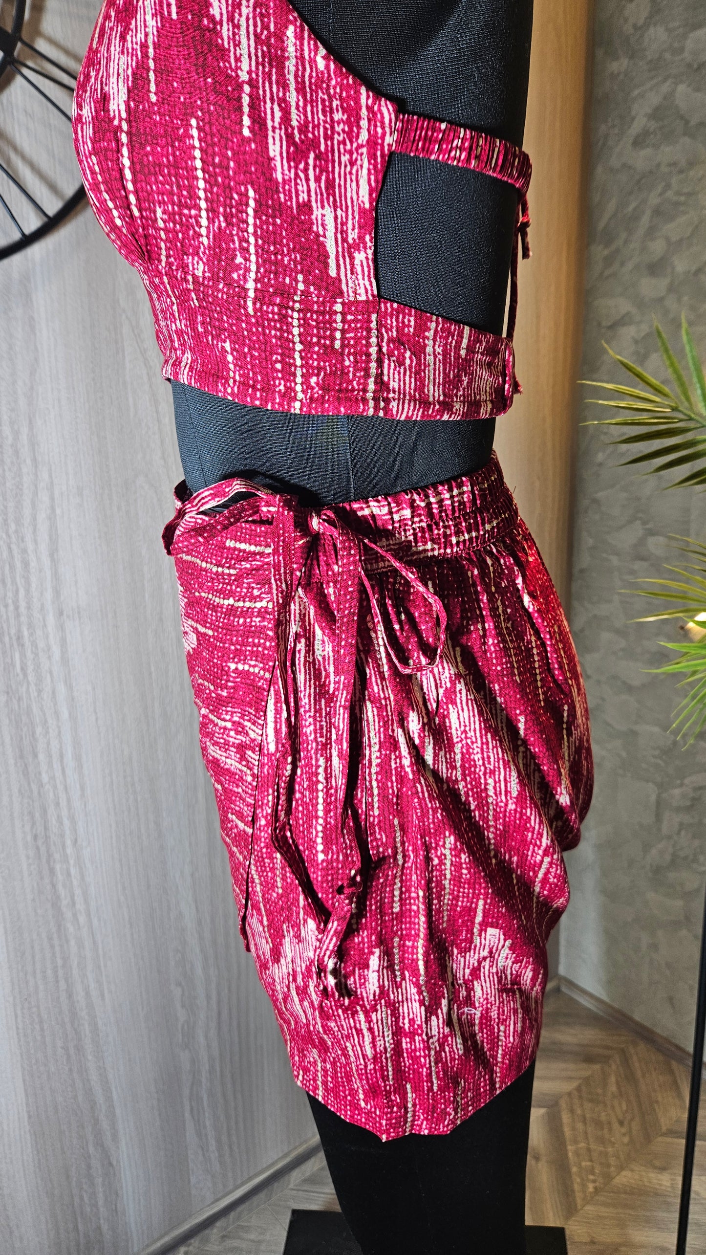 024-C-HOB Women's Handcrafted Red Ikat Print Halter Crop Top – Made in India