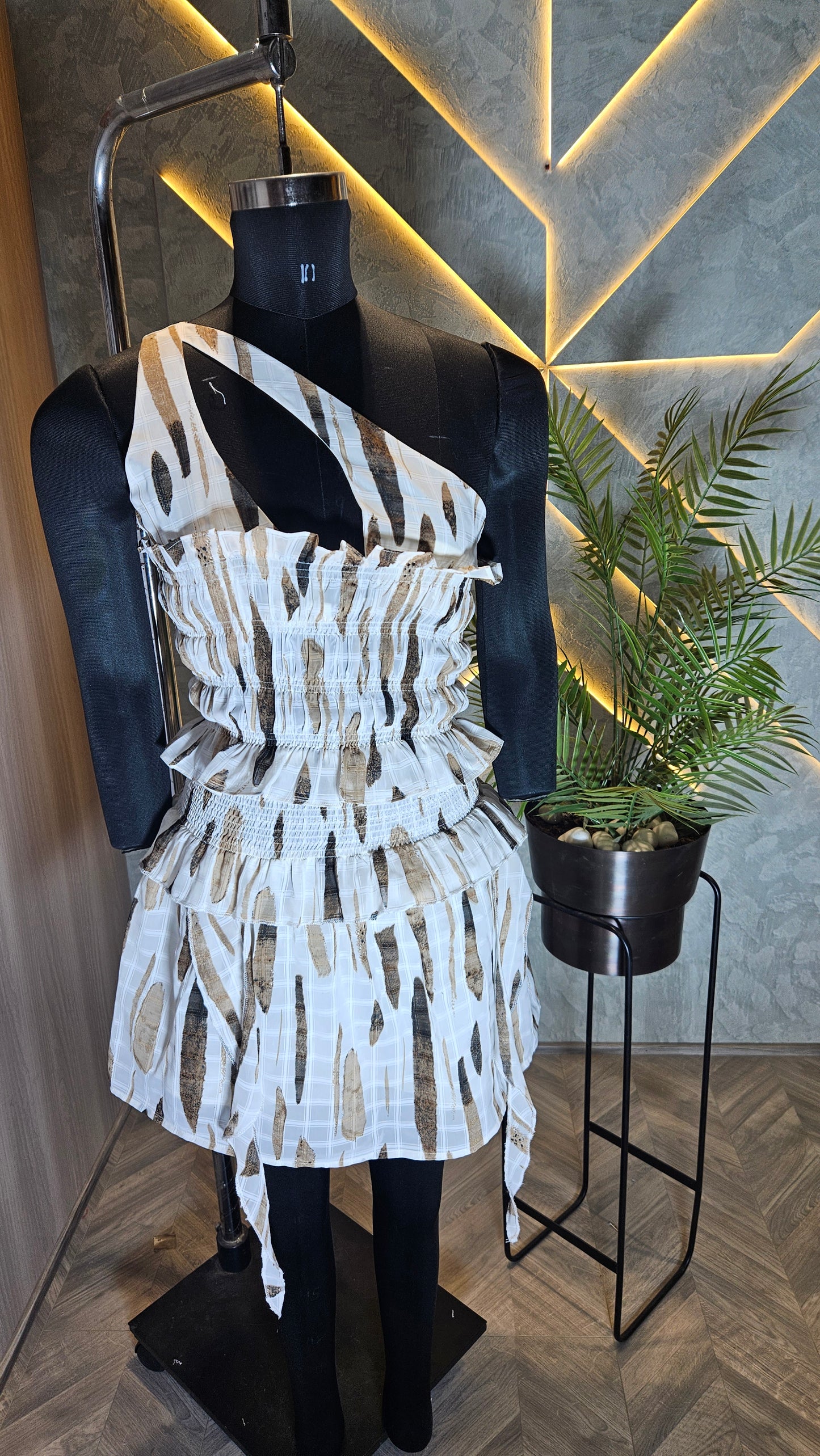 025-C-HOB Women's One-Shoulder Smocked Crop Top with Tiered Hem – Tribal Brushstroke Print – Made in India