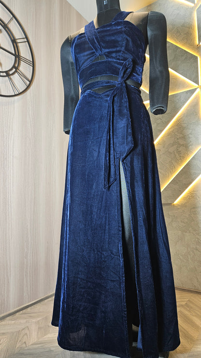 027-C-HOB Elegant Navy Blue Velvet Crop Top with High-Slit Skirt – Made in India